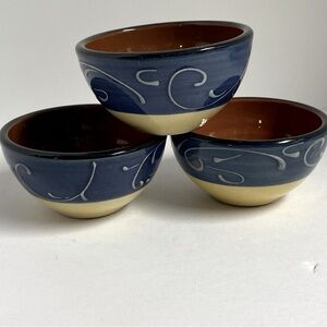 Crate & Barrel Blue Yellow Scroll Dip Bowls Set of 3 Portugal Hand Painted